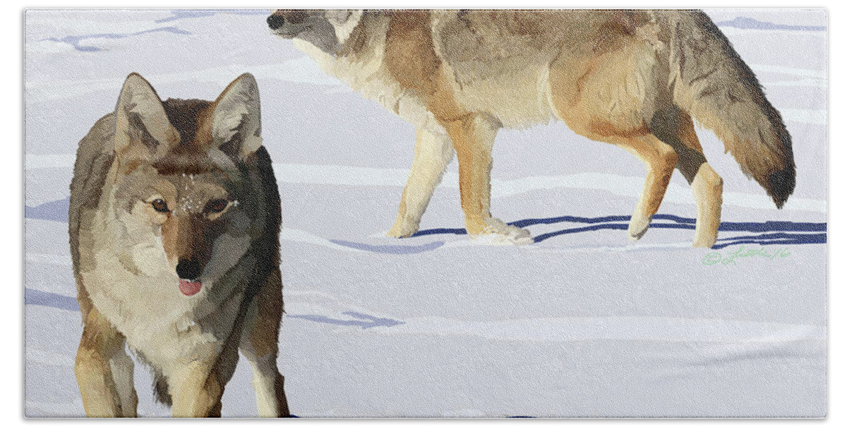 Animals Hand Towel featuring the digital art Coyote Pair by Pam Little