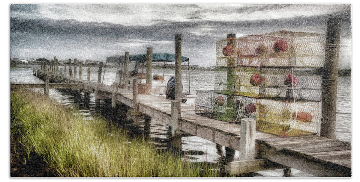 Dock Bath Towel featuring the photograph Crabber's dock, Surf City, North Carolina by John Pagliuca