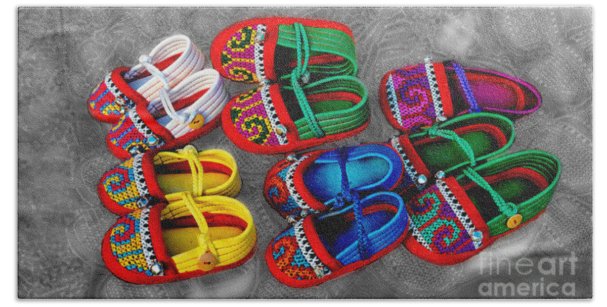 Children Bath Towel featuring the digital art Crafted Children's Shoes Of Northwest Thailand by Ian Gledhill
