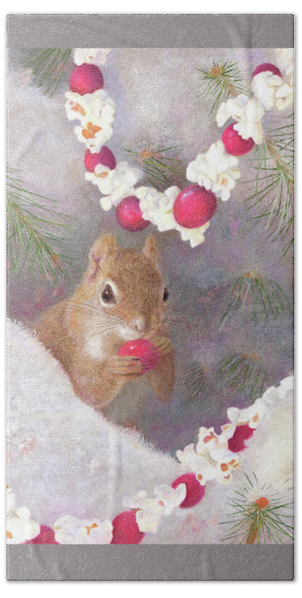 Squirrel Bath Towel featuring the painting Cranberry Garlands Christmas Squirrel by Nancy Lee Moran