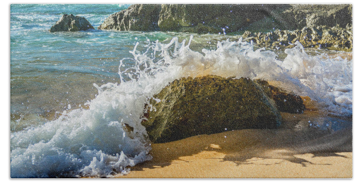 Seascape Hand Towel featuring the photograph Crashing over the Rock by Jason Brooks