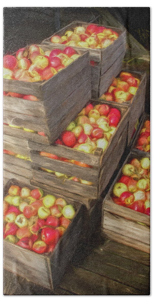 Art Bath Towel featuring the photograph Crated Apples waiting for the Cider Press Painterly Version by Randall Nyhof