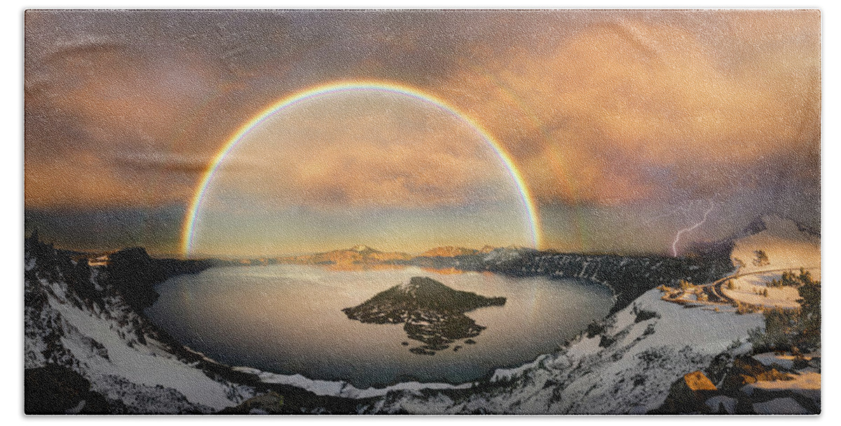 Crater Bath Towel featuring the photograph Crater lake with double rainbow and lightning bolt by William Lee