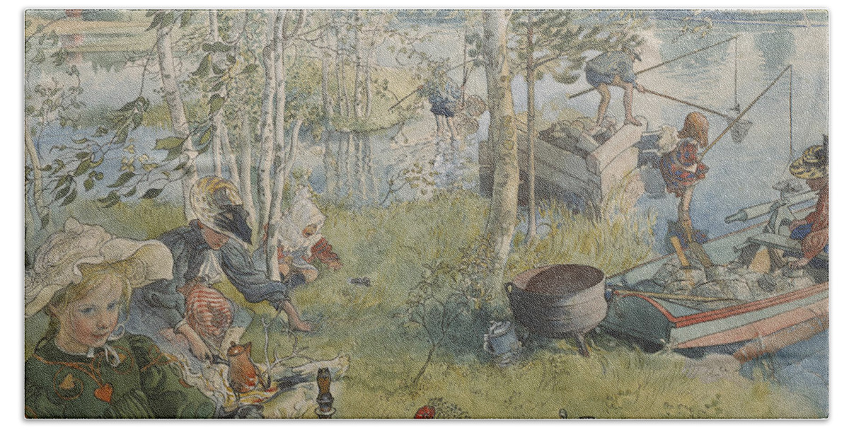 19th Century Art Bath Towel featuring the painting Crayfishing. From A Home by Carl Larsson