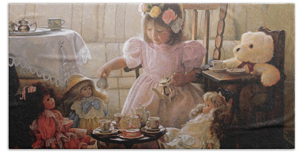 Girl Bath Sheet featuring the painting Cream and Sugar by Greg Olsen