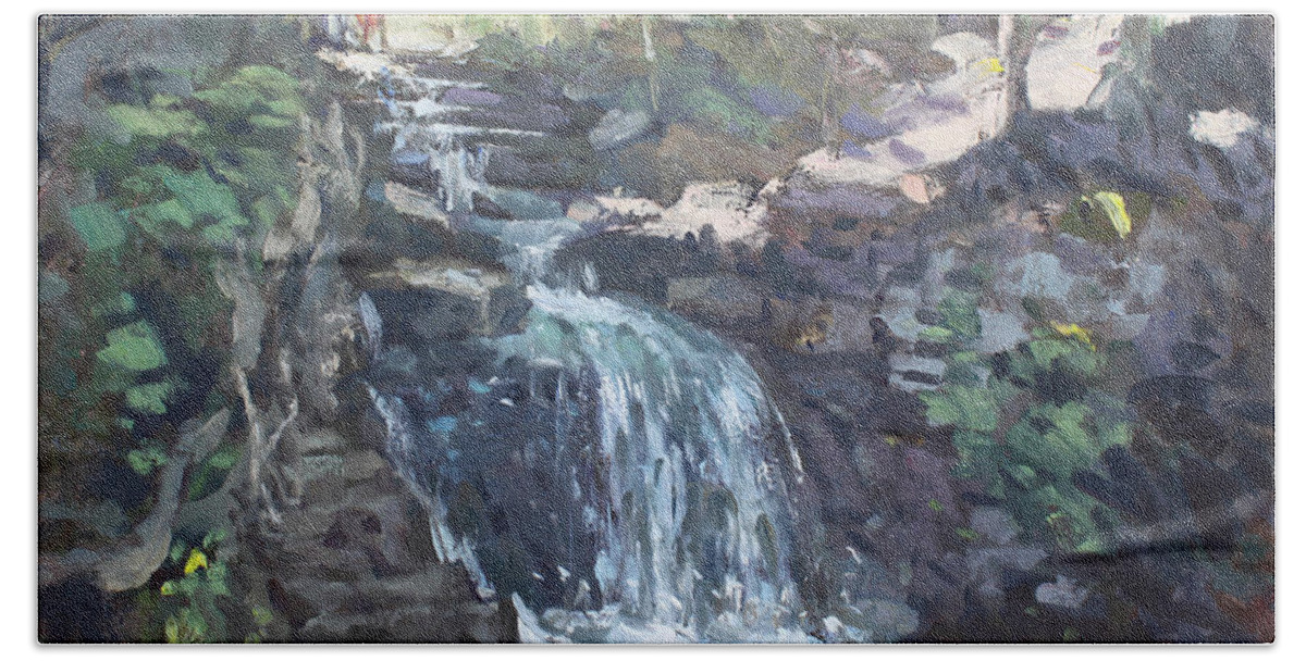 Creek Falls Hand Towel featuring the painting Creek Falls by Ylli Haruni