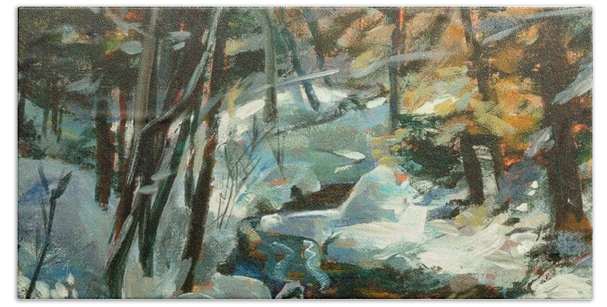 White Hand Towel featuring the painting Creek in the Cold by Claire Gagnon