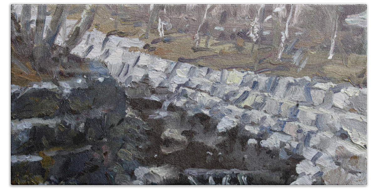 Creek Hand Towel featuring the painting Creek in the Park by Ylli Haruni