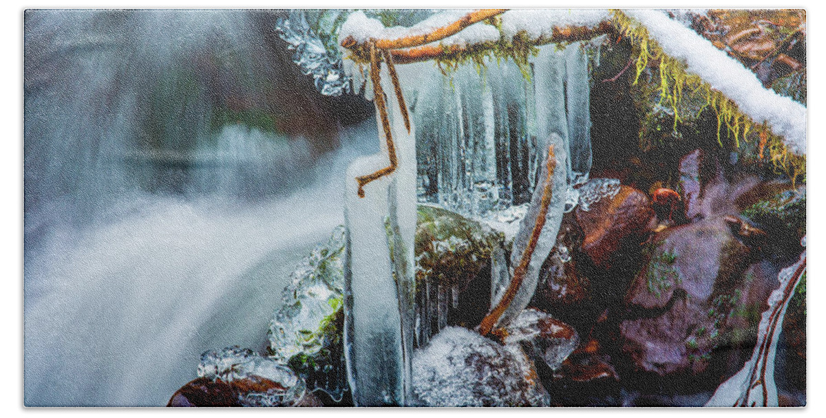 Art Bath Towel featuring the photograph Creekside Icicles by Jason Brooks