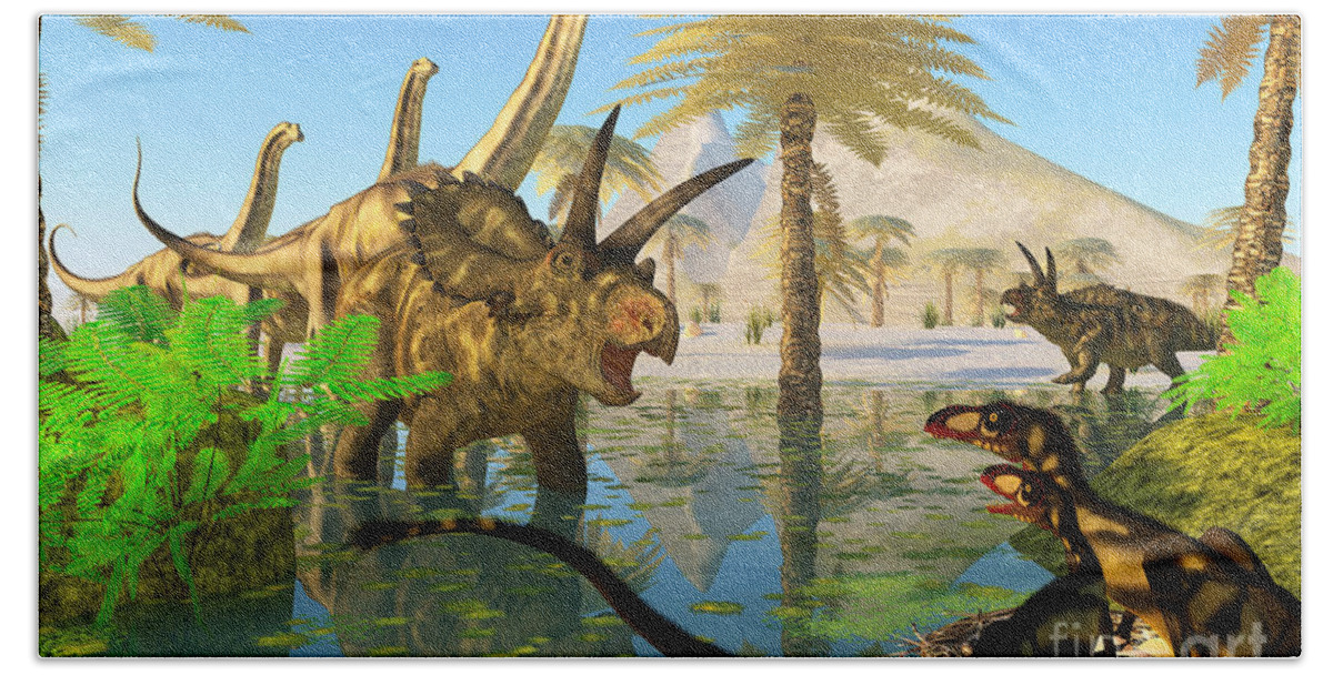 Coahuilaceratops Bath Towel featuring the painting Cretaceous Swamp by Corey Ford