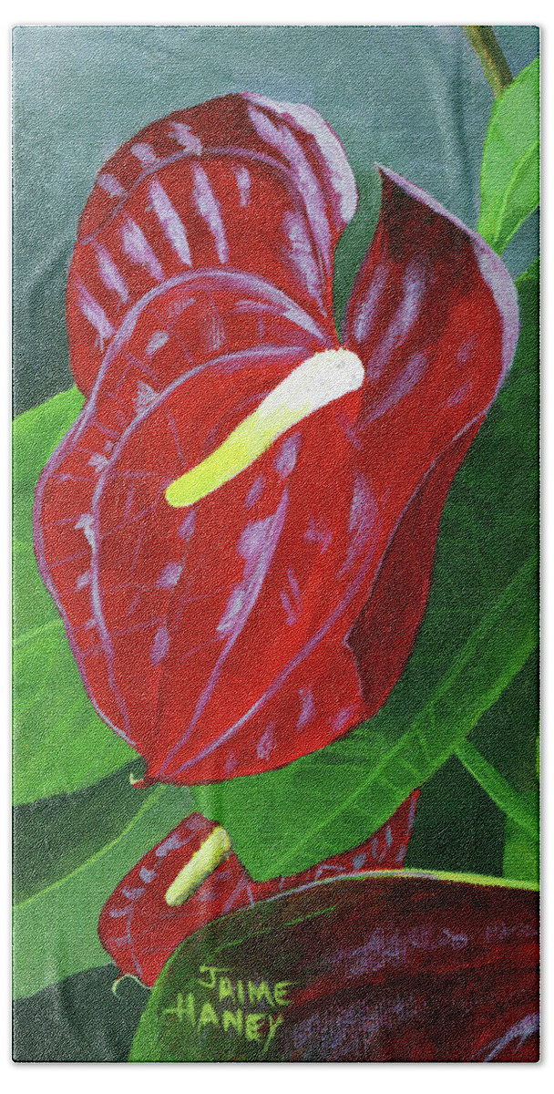 Anthurium Hand Towel featuring the painting Crimson Thrill by Jaime Haney