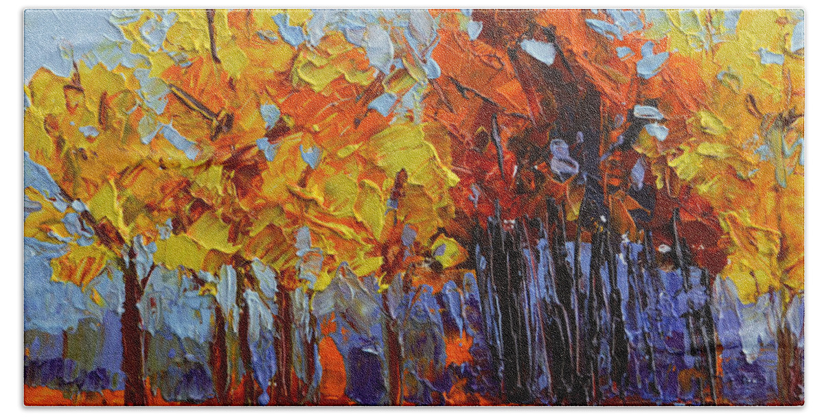 Crispy Autumn Day Landscape Forest Trees On Wood Hand Towel featuring the painting Crispy Autumn Day Landscape Forest Trees - Modern Impressionist Knife Palette Oil Painting by Patricia Awapara