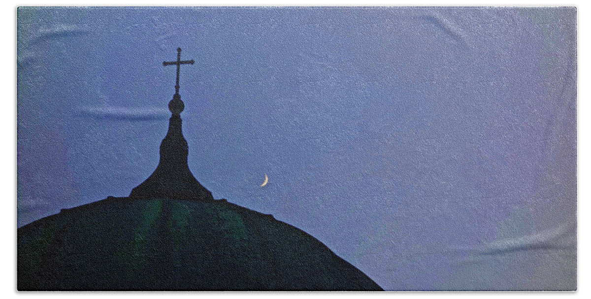 Photo Catholic Cross On Top Of Church With Moon In Sky Hand Towel featuring the photograph Cross and Moon by Joan Reese