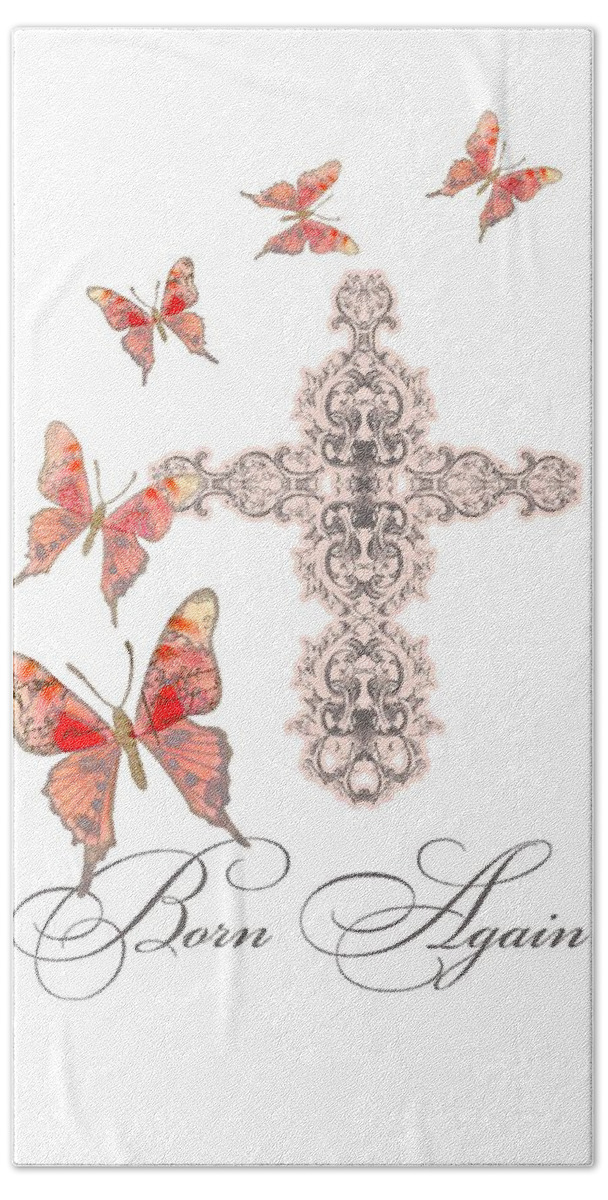 Butterfly Bath Towel featuring the painting Cross Born Again Christian Inspirational Butterfly Butterflies by Audrey Jeanne Roberts
