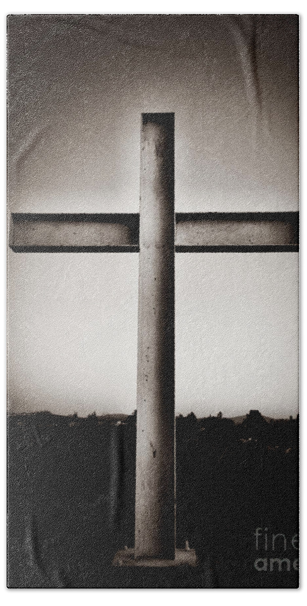 Belief Hand Towel featuring the photograph Cross Standing Against Sky by Bryan Mullennix