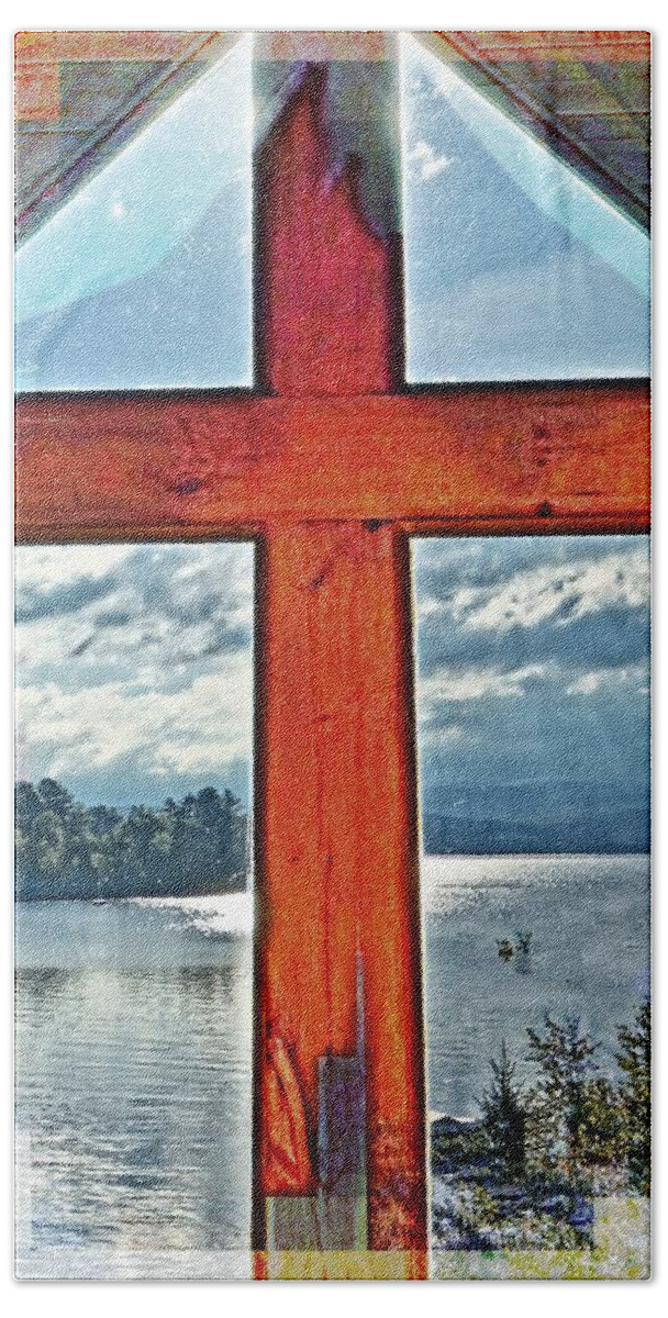 Cross Hand Towel featuring the photograph Cross Window Lake View by Russel Considine