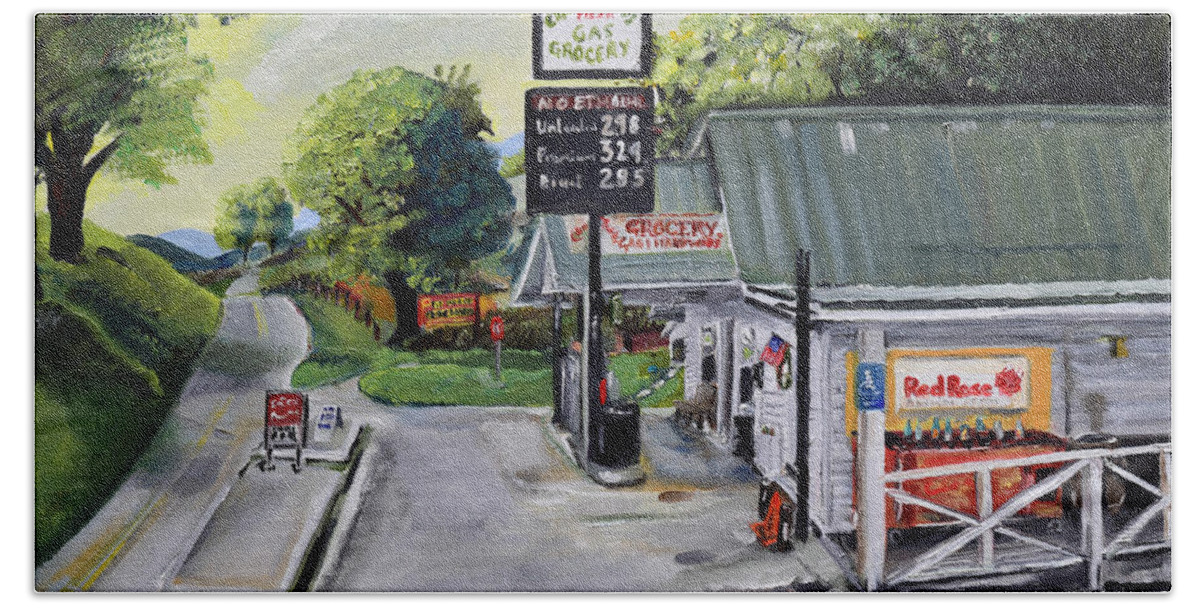 Crossroads Grocery Hand Towel featuring the painting Crossroads Grocery - Elijay, GA - Old Gas and Grocery Store by Jan Dappen