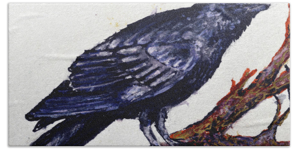 Crow Hand Towel featuring the painting Crow cooos and sees you by Ashleigh Dyan Bayer