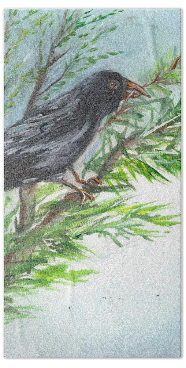 Crow Hand Towel featuring the painting Crow by Karen Ferrand Carroll