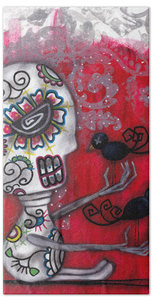 Day Of The Dead Hand Towel featuring the painting Crow Secrets by Abril Andrade