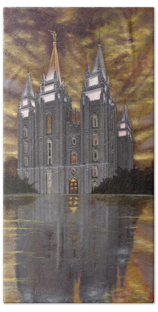 Temple Bath Towel featuring the painting Crowned with Glory by Jeff Brimley