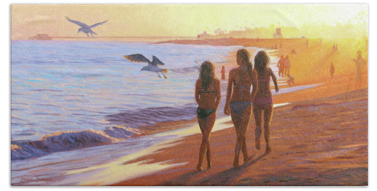Beach Bath Sheet featuring the painting Cruising the Strand by Steve Simon