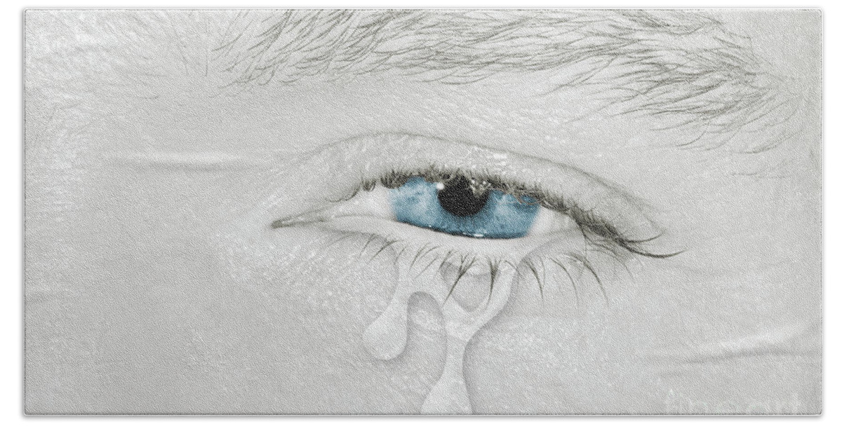 Left Bath Towel featuring the photograph Crying blue left eye by Benny Marty