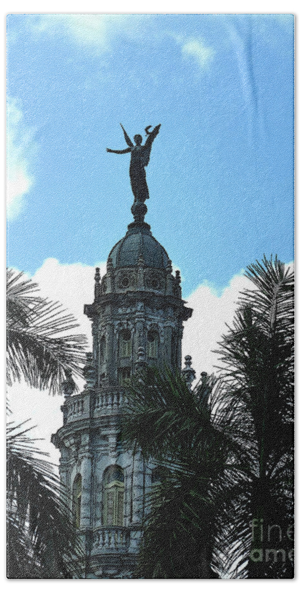 Digital Art Hand Towel featuring the digital art Cuba rooftop w protection statue by Francesca Mackenney