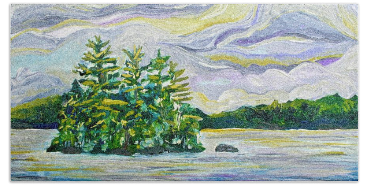 Landscape Hand Towel featuring the painting Cumulous Clouds Over Cherry Island by Polly Castor