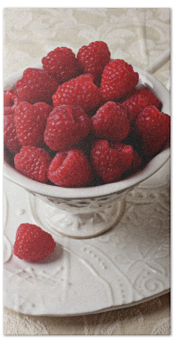 Raspberries Fruit Cup Food Berry Bath Towel featuring the photograph Cup full of raspberries by Garry Gay