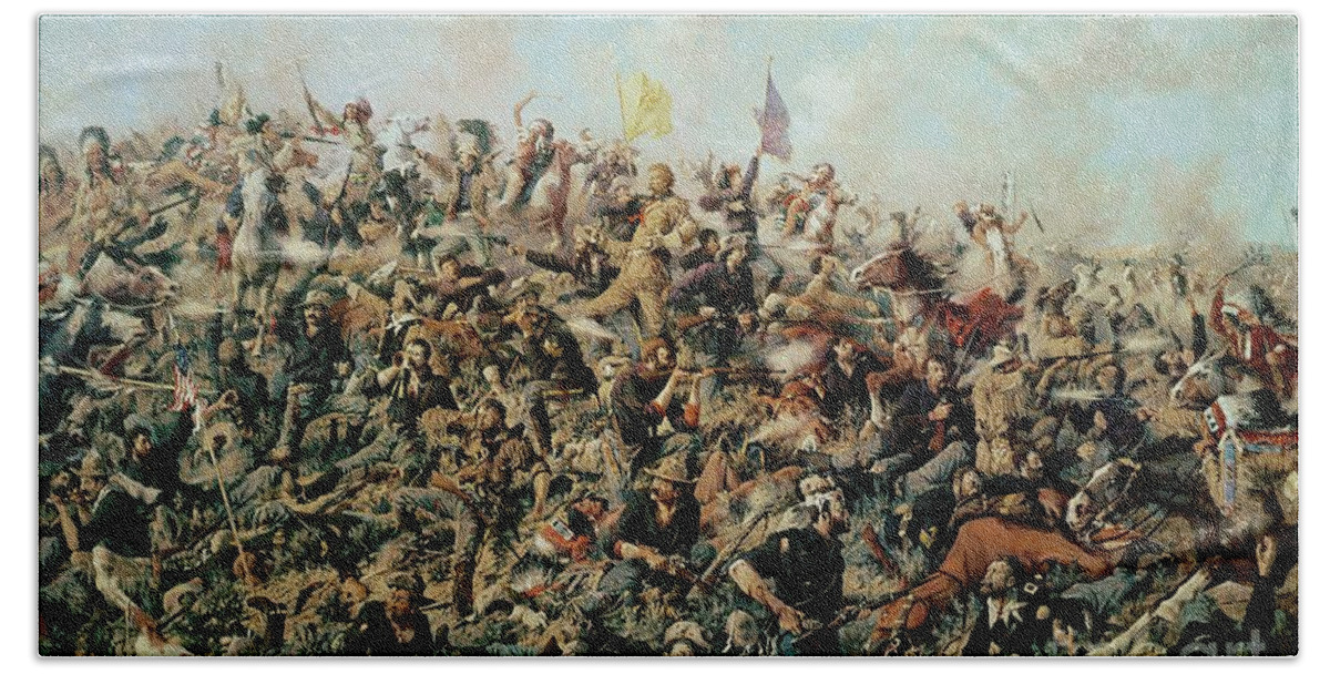 Battle Of Little Bighorn; Battlefield; Soldiers; Troops; Native American Indians; Tribe; Flags; Banners; War; Warfare; American Indian Wars; Big Horn; Paxon; Demise; Defeat Hand Towel featuring the painting Custer's Last Stand by Edgar Samuel Paxson