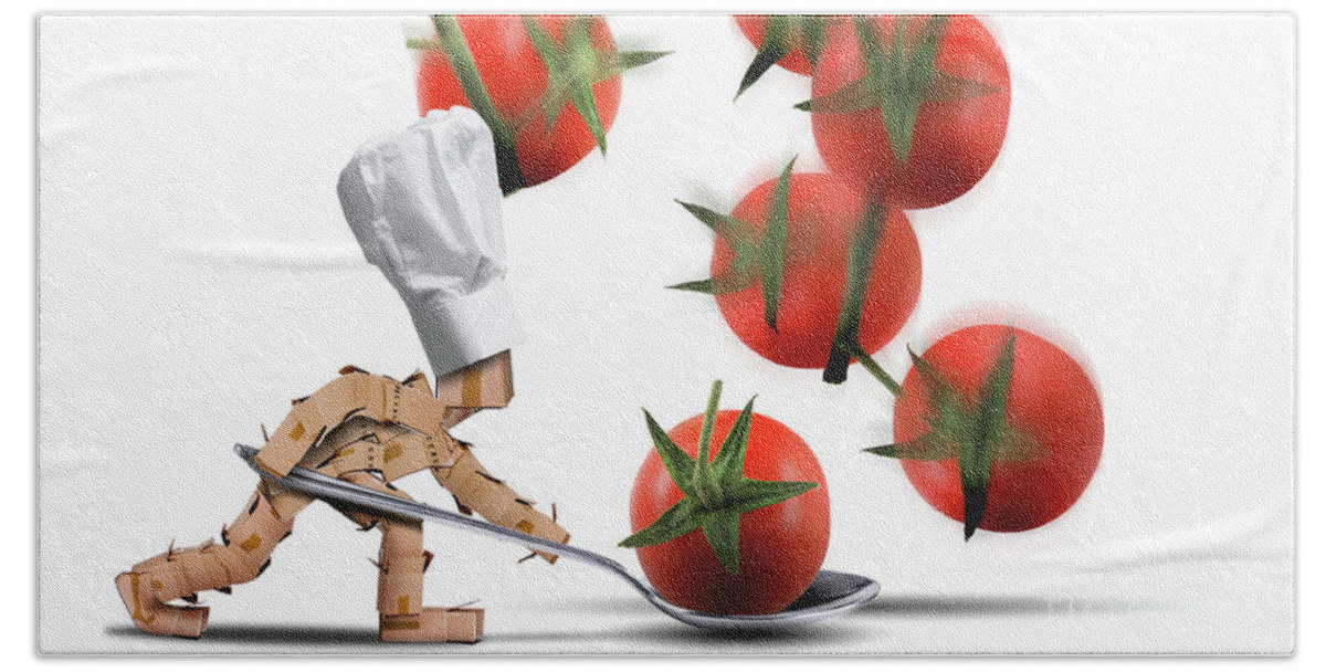 Kitchen Bath Towel featuring the digital art Cute chef box character catching tomatoes by Simon Bratt