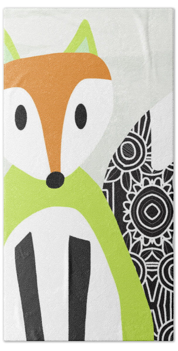 Fox Hand Towel featuring the mixed media Cute Green And Black Fox- Art by Linda Woods by Linda Woods