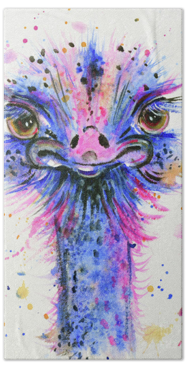 Ostrich Hand Towel featuring the painting Cute Ostrich by Zaira Dzhaubaeva