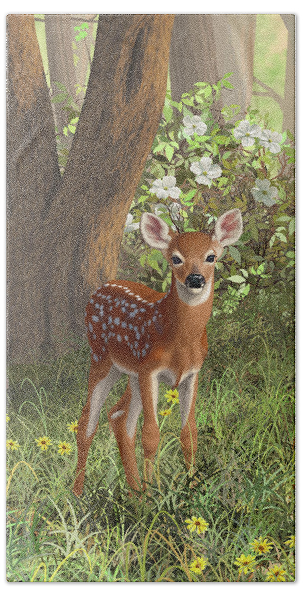 Whitetail Bath Towel featuring the painting Cute Whitetail Fawn by Crista Forest