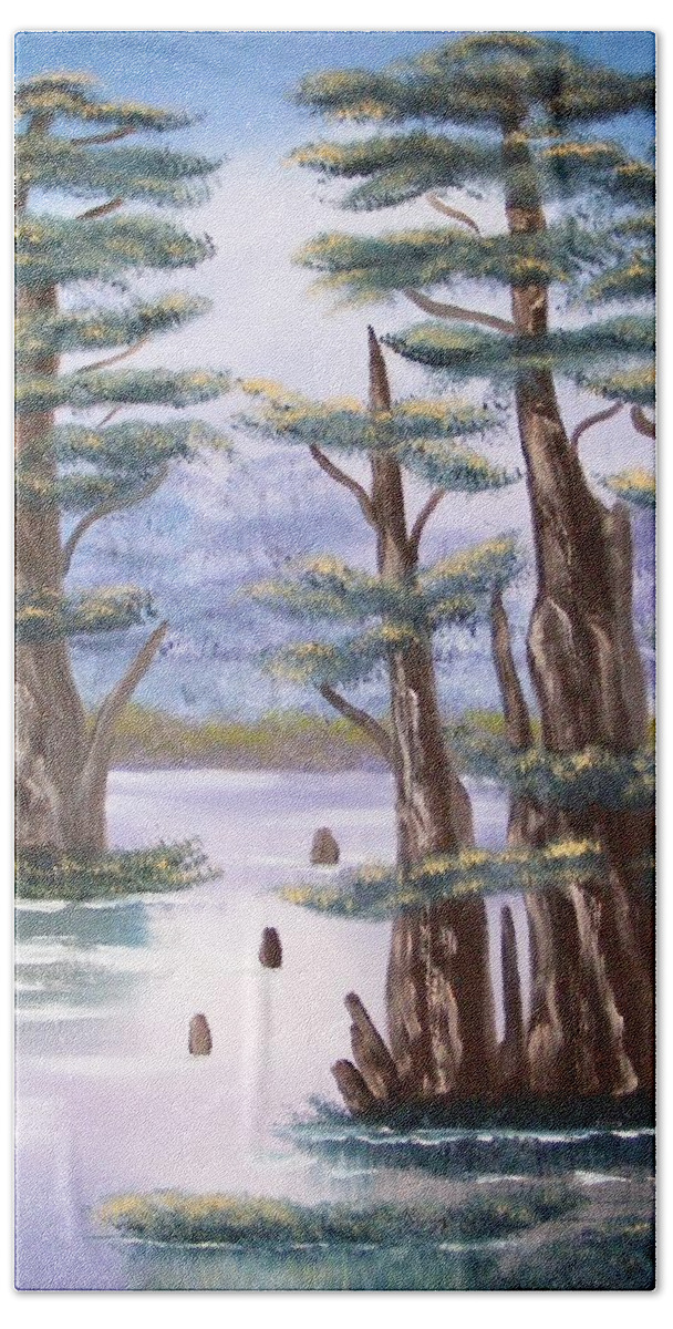 Landscape Bath Towel featuring the painting Cypress Swamp by Donna Painter
