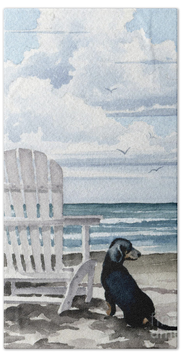 Dachshund Hand Towel featuring the painting Dachshund by the beach by David Rogers
