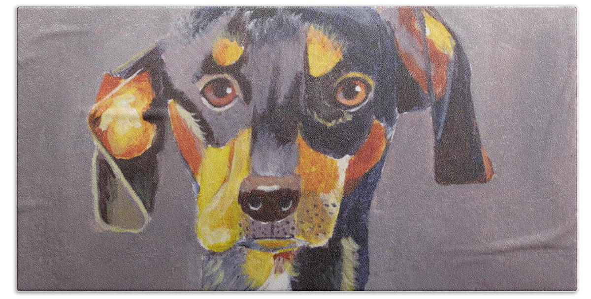 Pets Hand Towel featuring the painting Dachshund by Kathie Camara