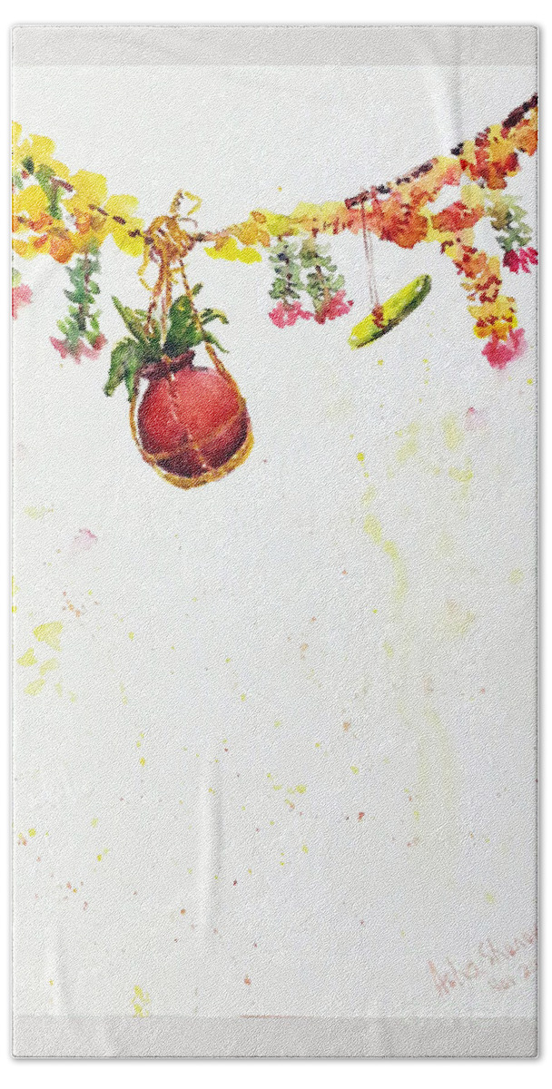 Yogurt Hand Towel featuring the painting Dahi handi by Asha Sudhaker Shenoy
