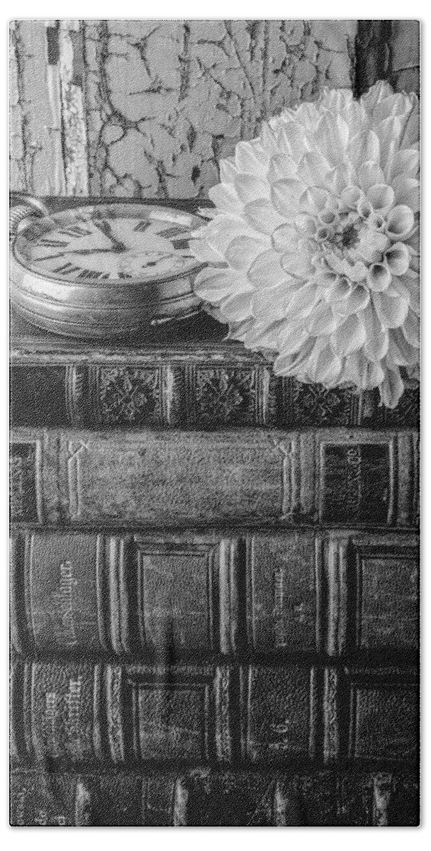 Vertical Hand Towel featuring the photograph Dahlia On Old Books by Garry Gay