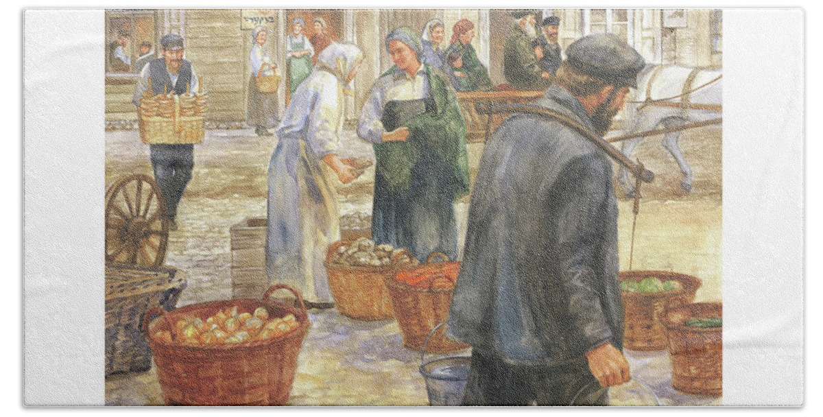 Avram's Gift Bath Towel featuring the painting Daily Life in the Shtetl by Laurie McGaw