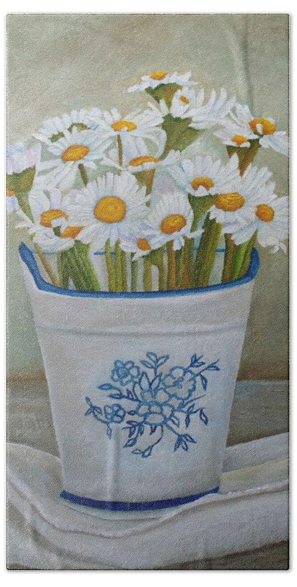 White Daisies Bath Towel featuring the painting Daisies And Porcelain by Angeles M Pomata