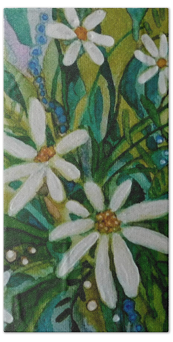 I Painted This Miniature Painting Of Daisies For My Good Friend Nancy's Birthday. I Used Vibrant Alcohol Inks And Because Is On 6 Square Gallery-wrapped Canvas It Ready To Hang Without A Frame. Bath Towel featuring the painting Daisies for Nancy by Joan Clear