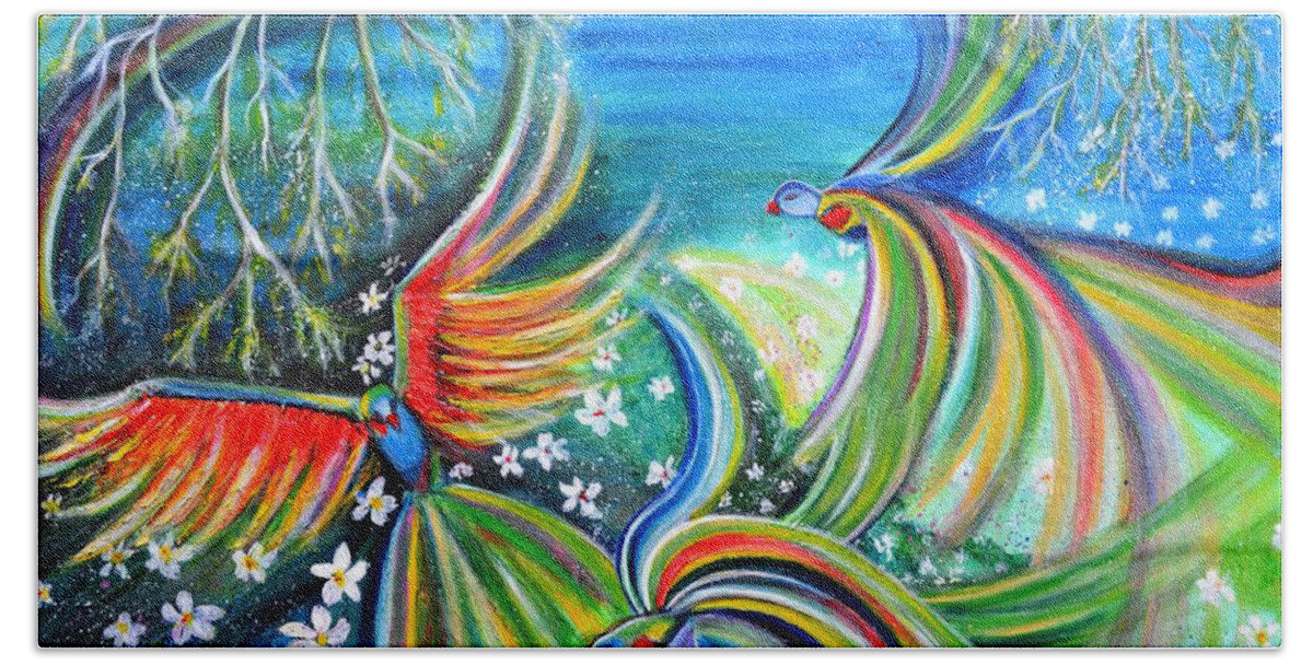 Parrots Bath Towel featuring the painting Dance of the Birds textured abstract colorful painting by Manjiri Kanvinde