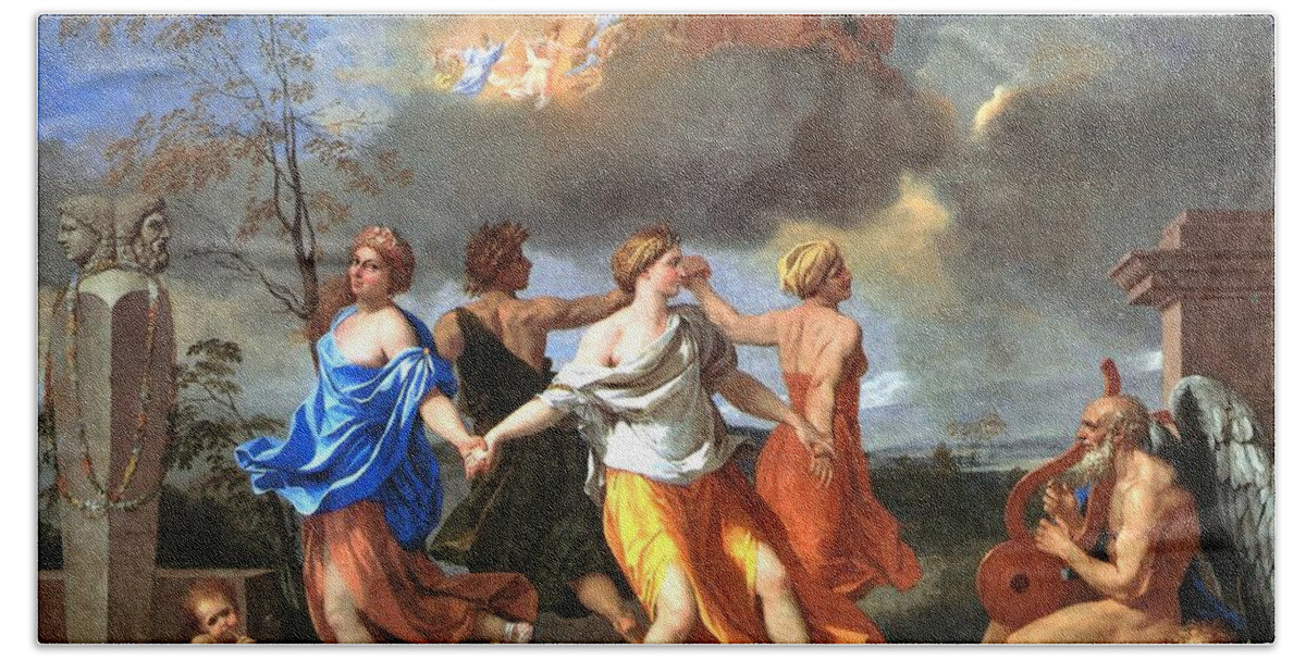 Nicolas Poussin Hand Towel featuring the painting Dance to the Music of Time by Nicolas Poussin