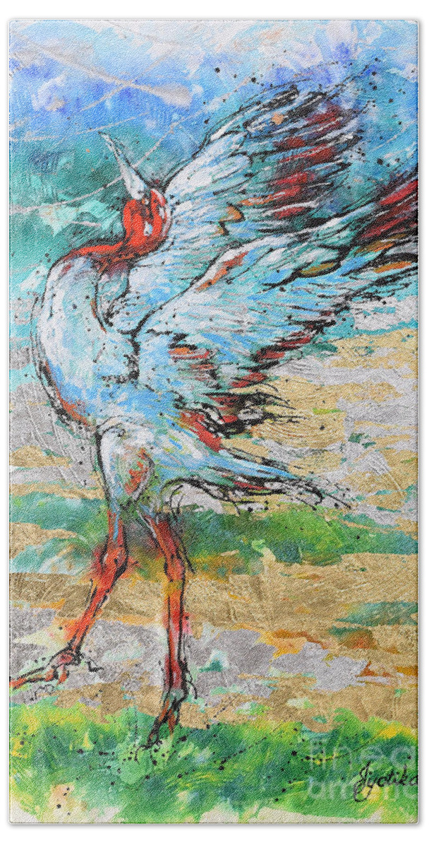 Sarus Cranes In Mating Dance. Birds Bath Towel featuring the painting Dancing Crane 2 by Jyotika Shroff