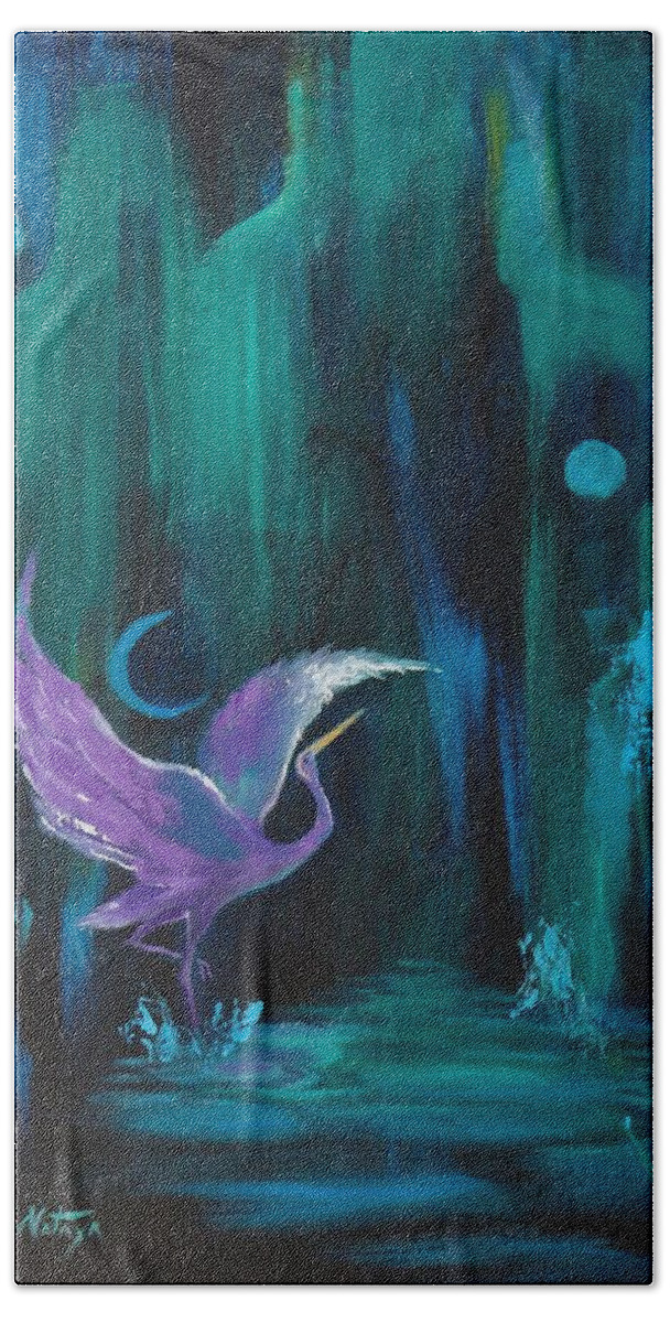Crane Hand Towel featuring the painting Dancing In The Dark by Nataya Crow