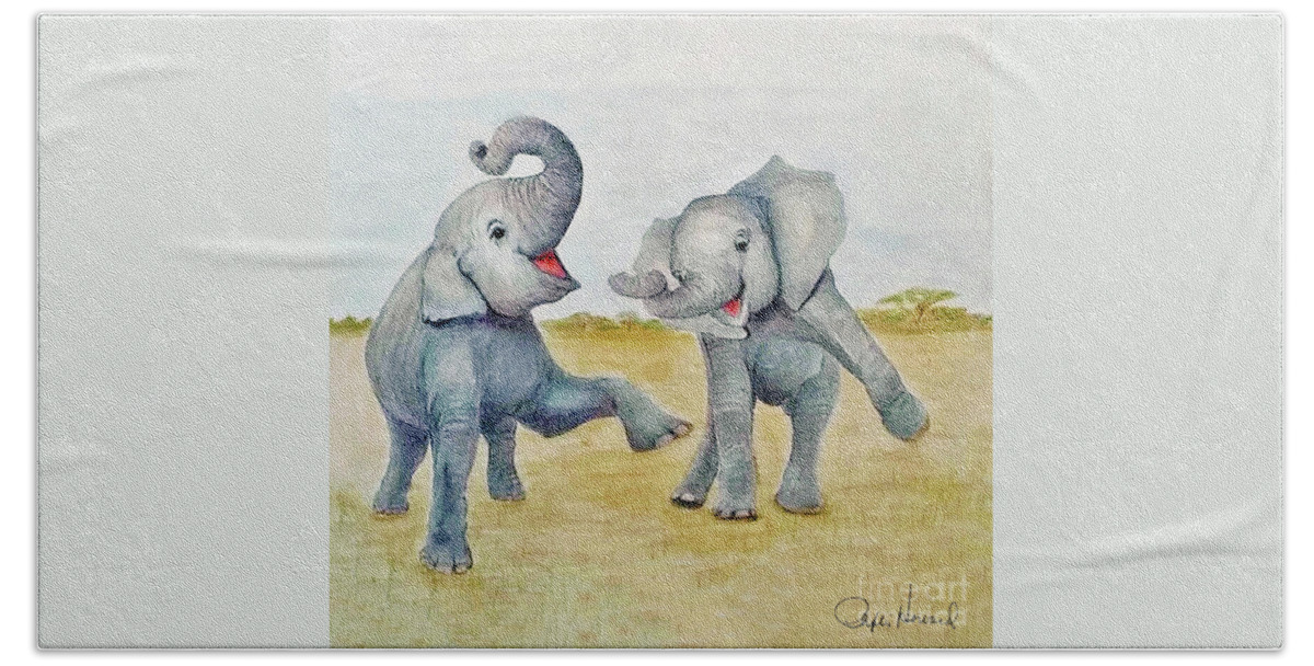 Elephants Bath Towel featuring the drawing Dancing by Phyllis Howard