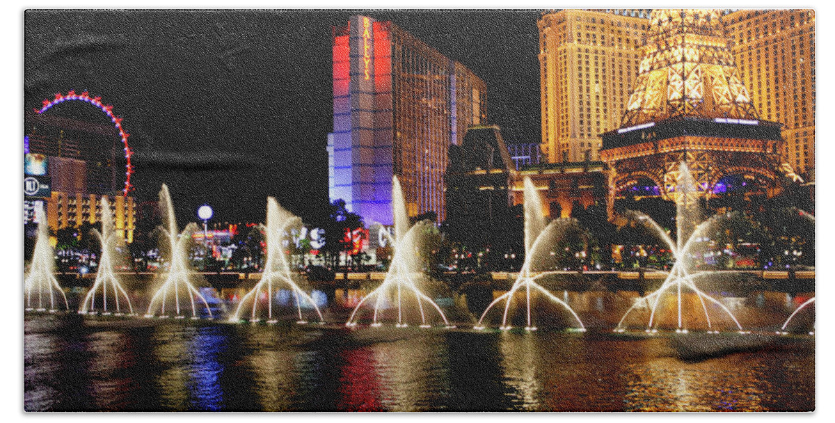 Bellagio Hotel Bath Sheet featuring the photograph Dancing Water Fountain Show by Marilyn Hunt