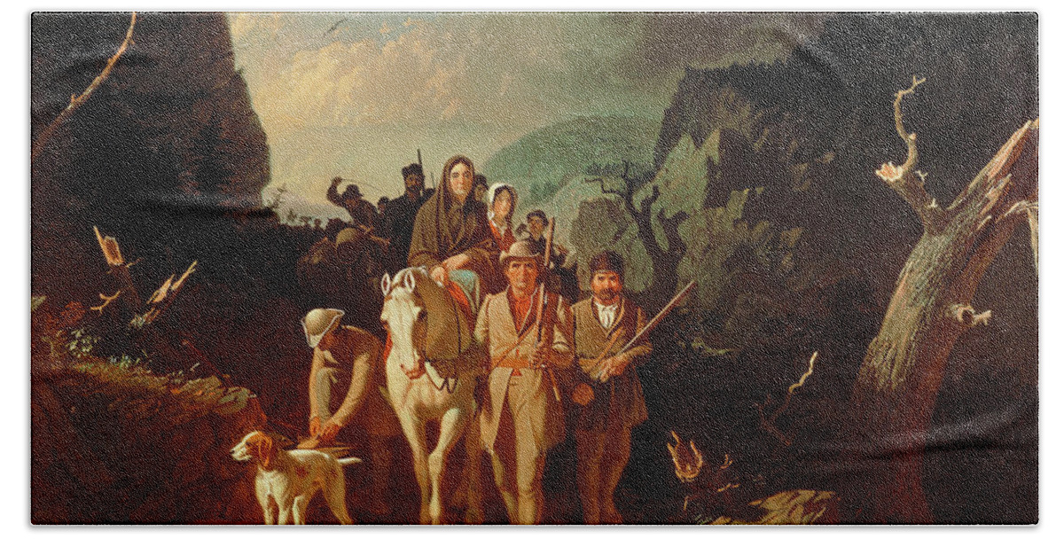 George Caleb Bingham Hand Towel featuring the painting Daniel Boone escorting settlers through the Cumberland Gap by George Caleb Bingham
